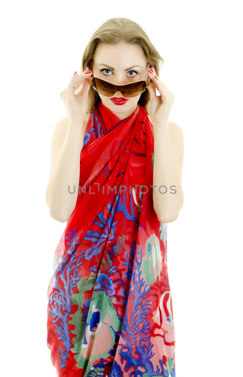 Pretty girl posing in pareo. isolated on white.