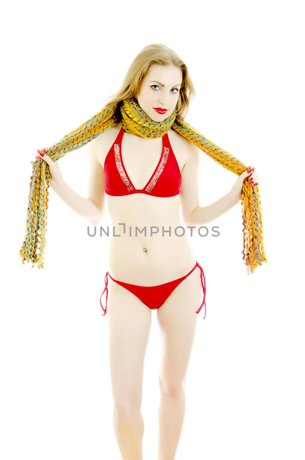 Girl in sexual winter outfit. isolated on white.