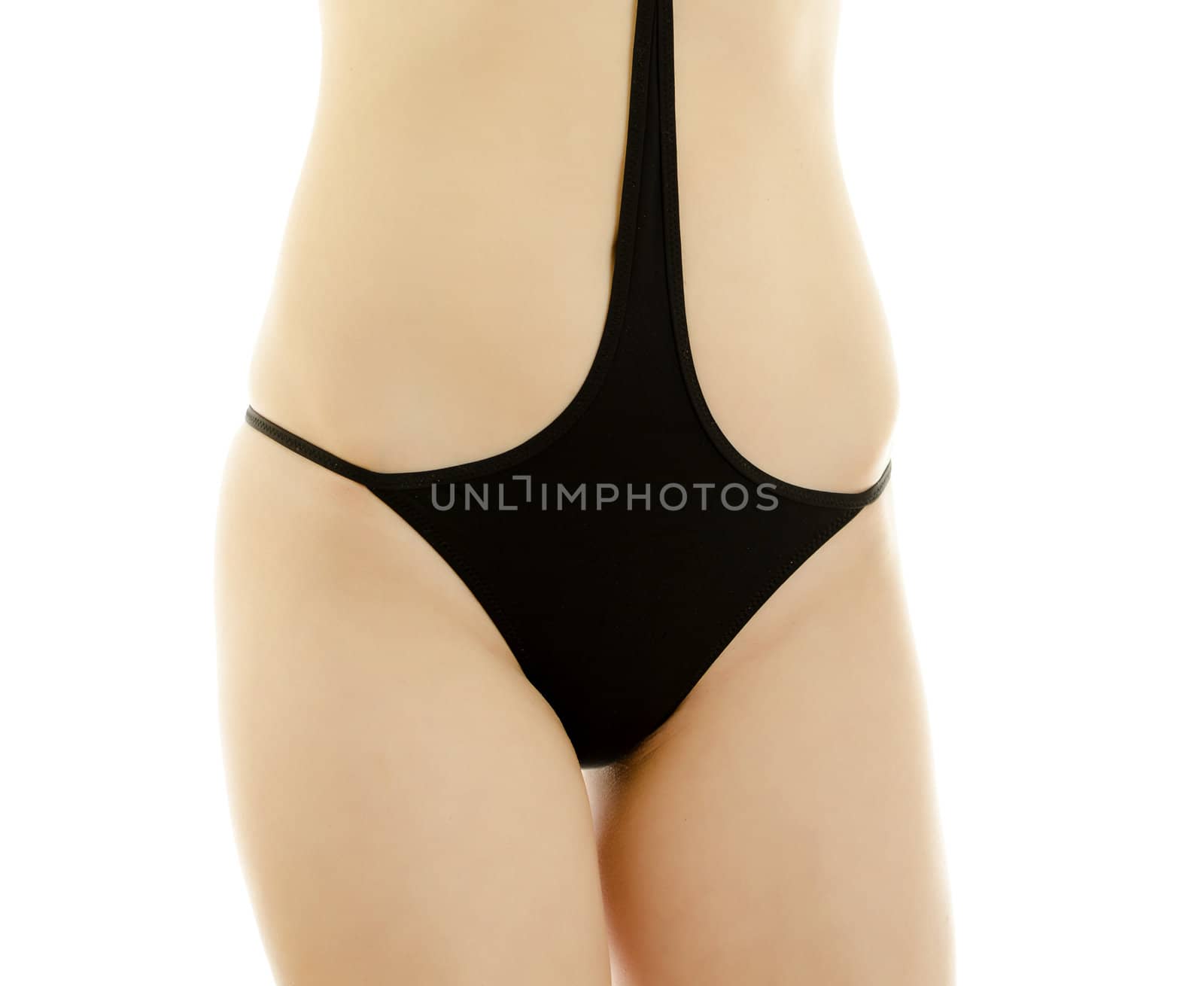 Woman body in black swimsuit. Isolated on white.