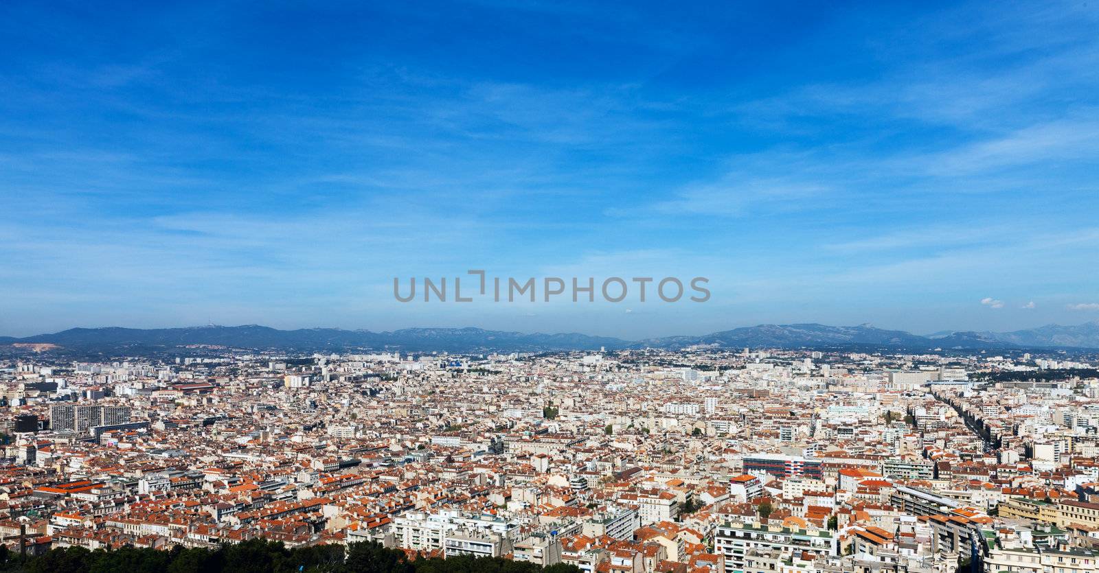 Panoramic aerial view on Marseille from mountain, France