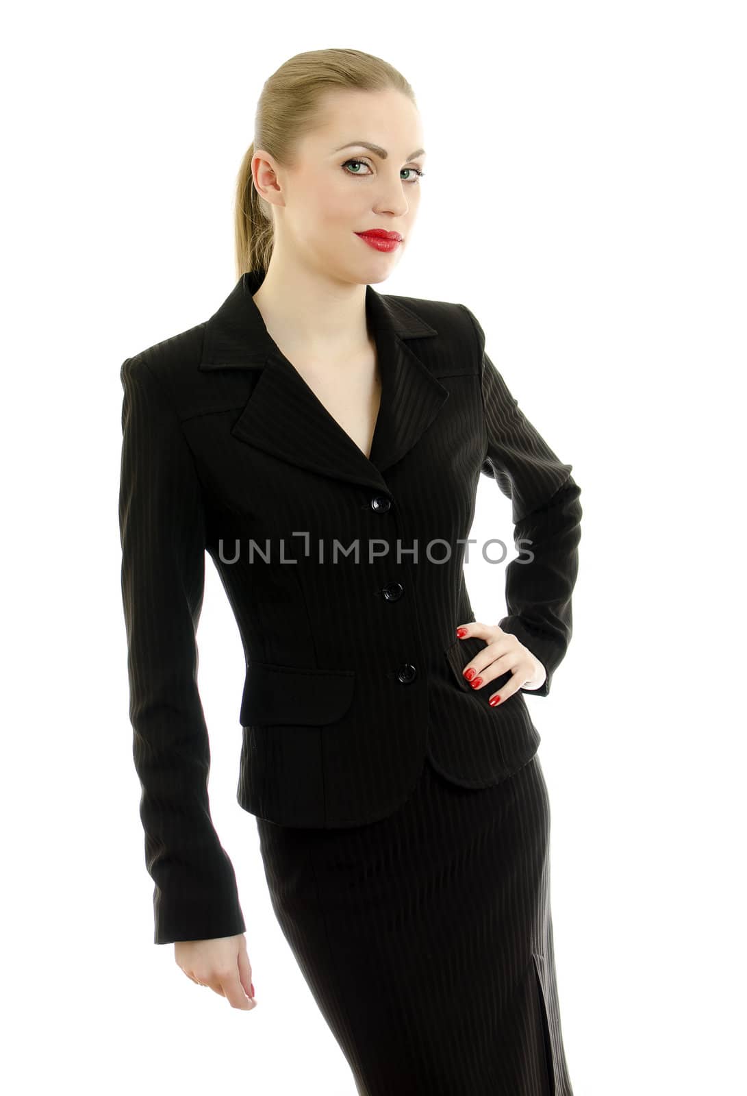 Executive woman in black suit. Isolated on white.