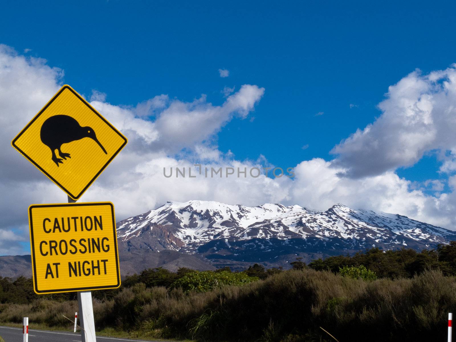 New Zealand Road Sign Attention Kiwi Crossing at road near active volcano of Mount Ruapehu in Tongariro National Park