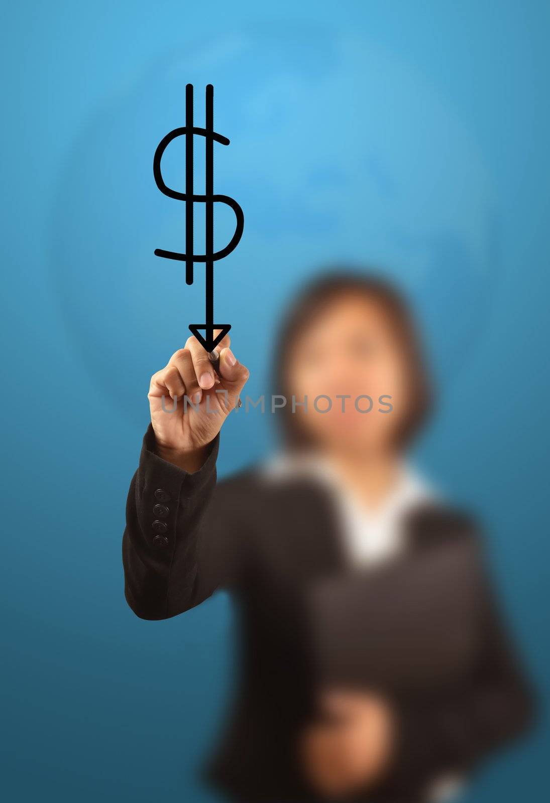 business women writing a dollar icon 