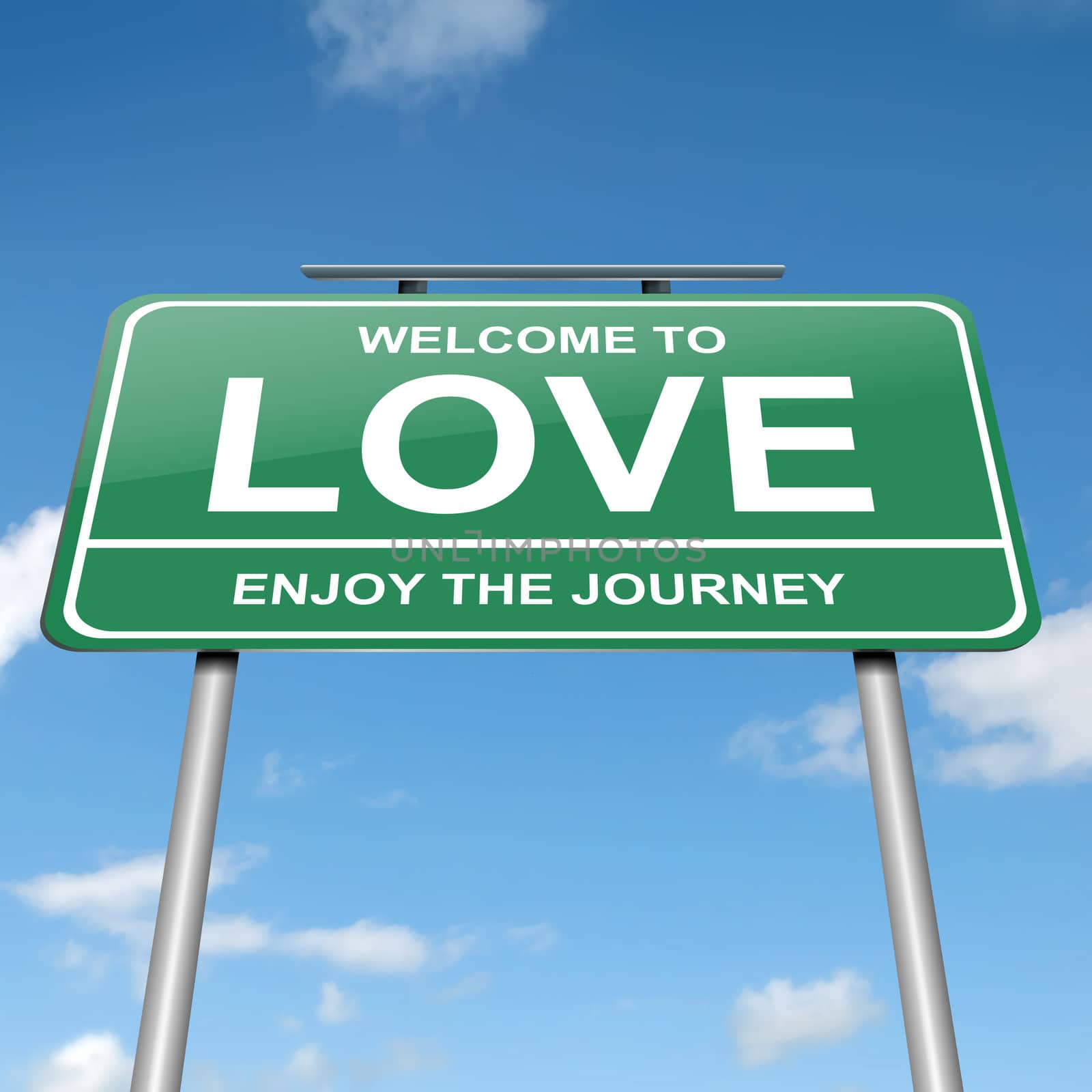 Illustration depicting a green roadsign with a love concept. Blue sky background.