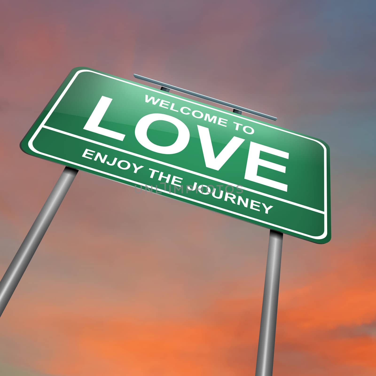 Illustration depicting an illuminated green roadsign with a love concept. Dramatic sunset sky background.