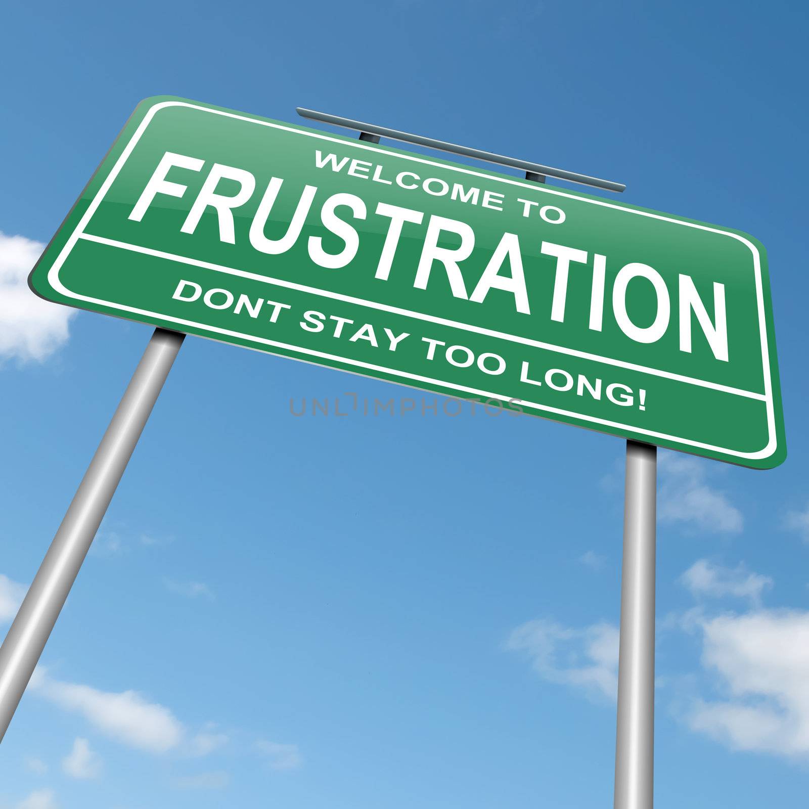 Illustration depicting a green roadsign with a frustration concept. Blue sky background.