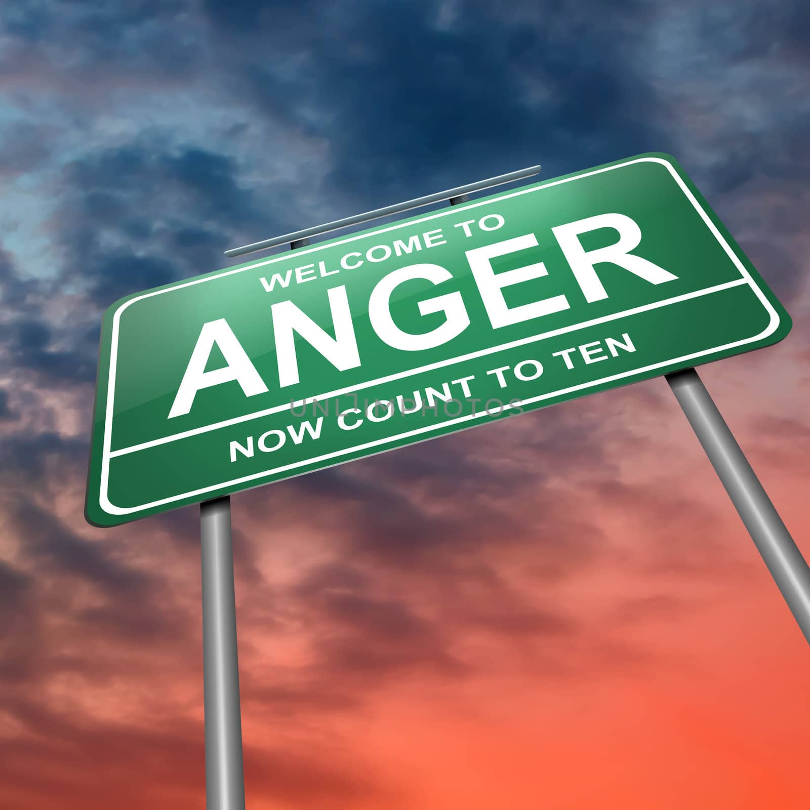 Illustration depicting an illuminated green roadsign with an anger concept. Dramatic sky background.