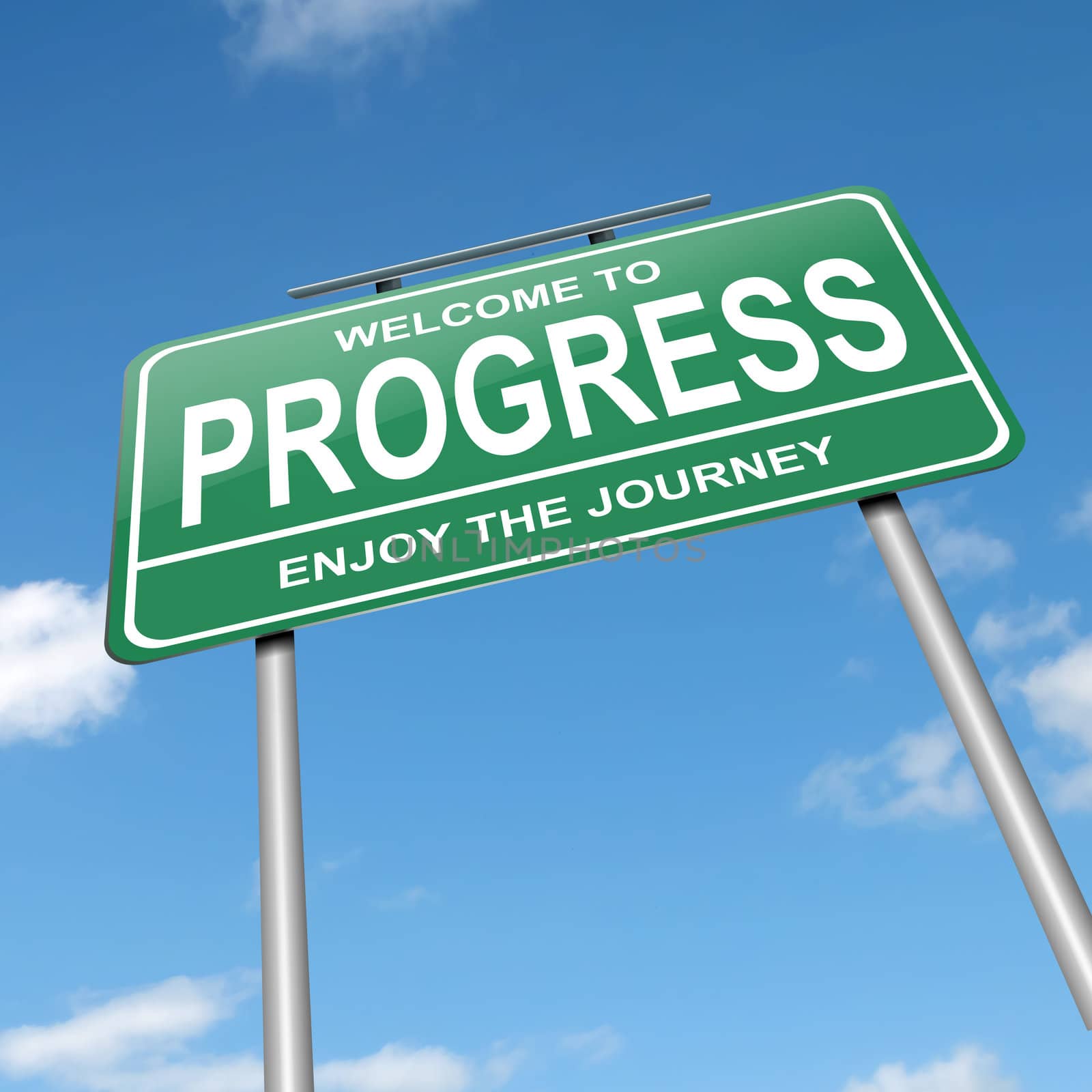 Illustration depicting a green roadsign with a progress concept. Blue sky background.