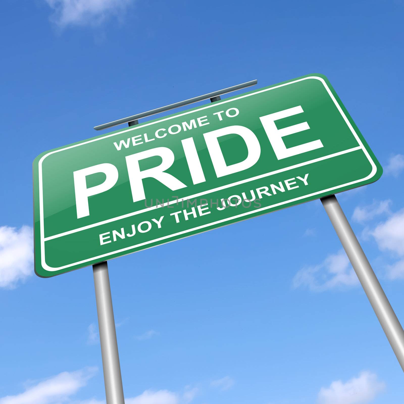 Illustration depicting a green roadsign with a pride concept. Blue sky background.