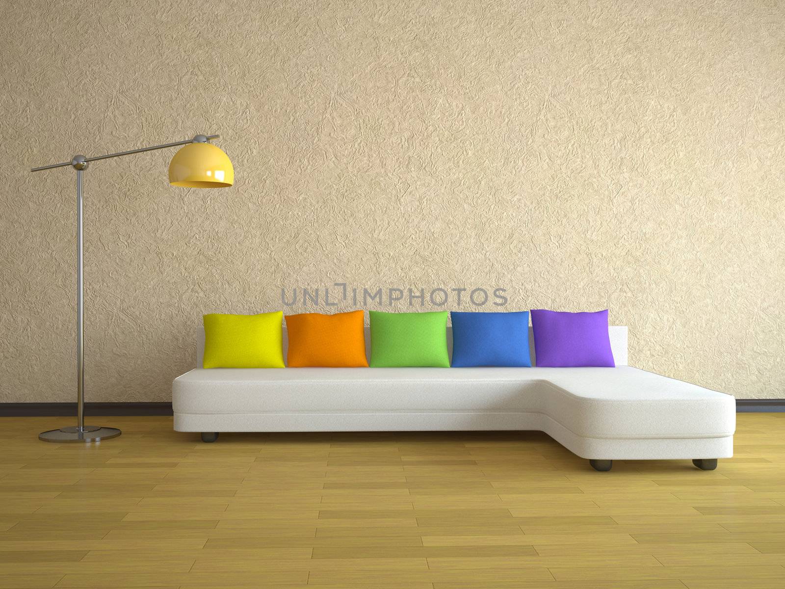 Interior of a room with a sofa and the lamp