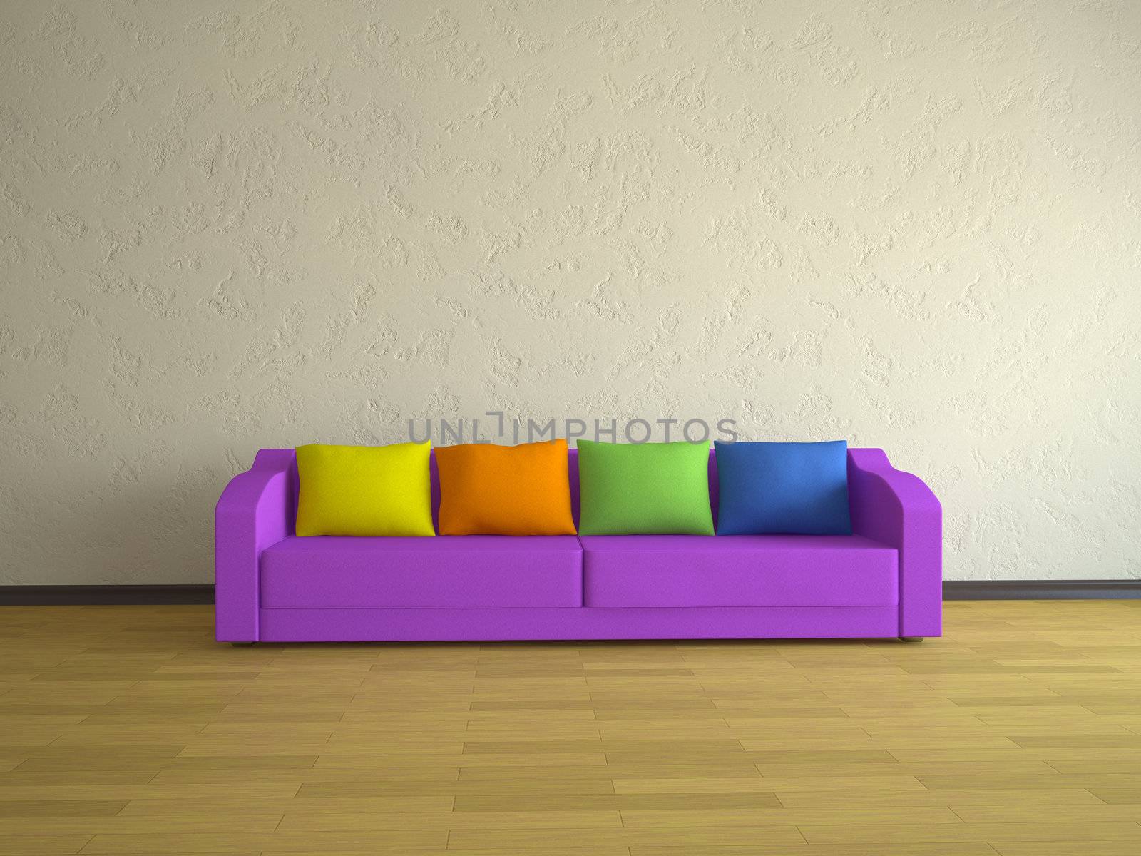 Interior of a room with a violet sofa 