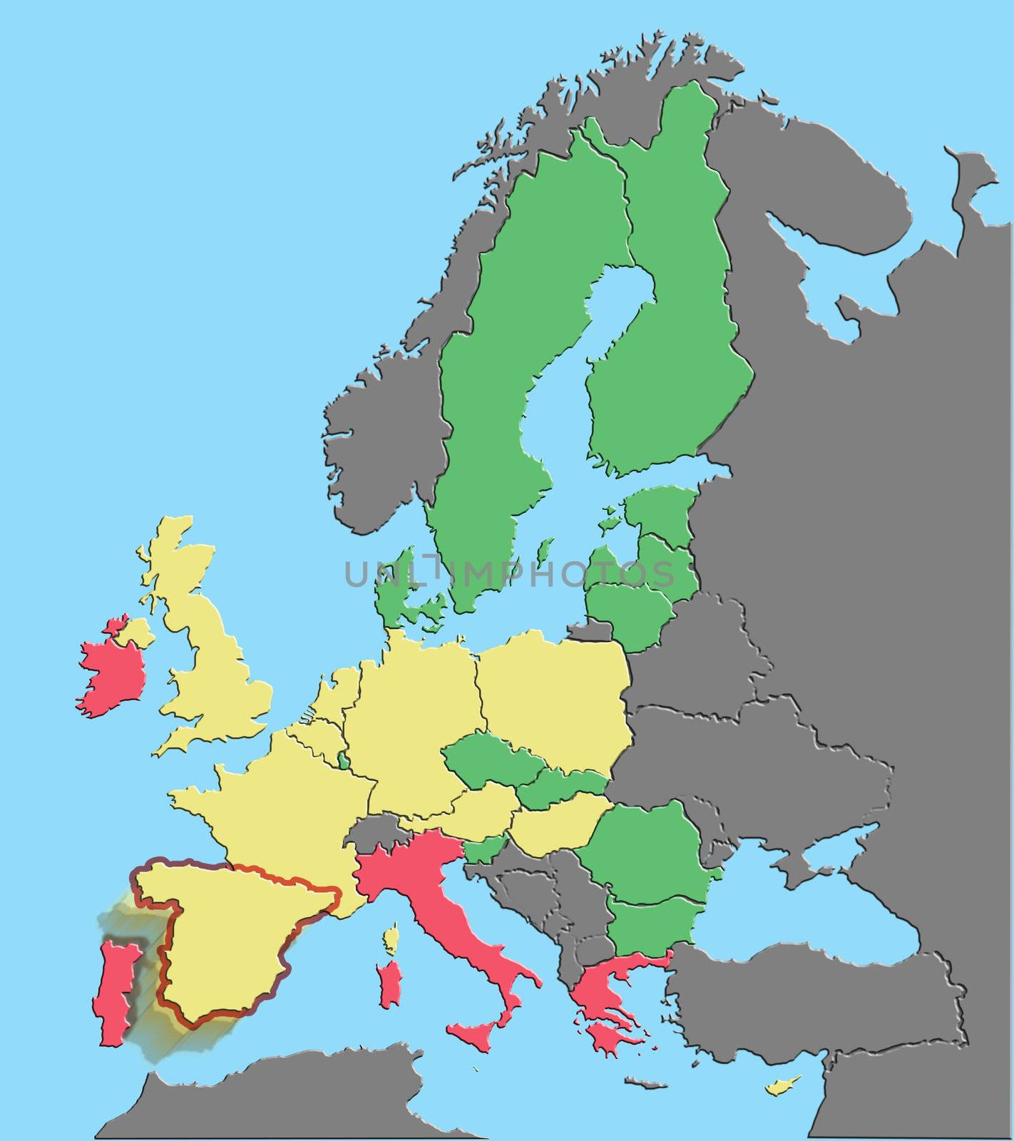 Vector illustration of Europe and EU colored by debt % GDP with Spain exiting euro
