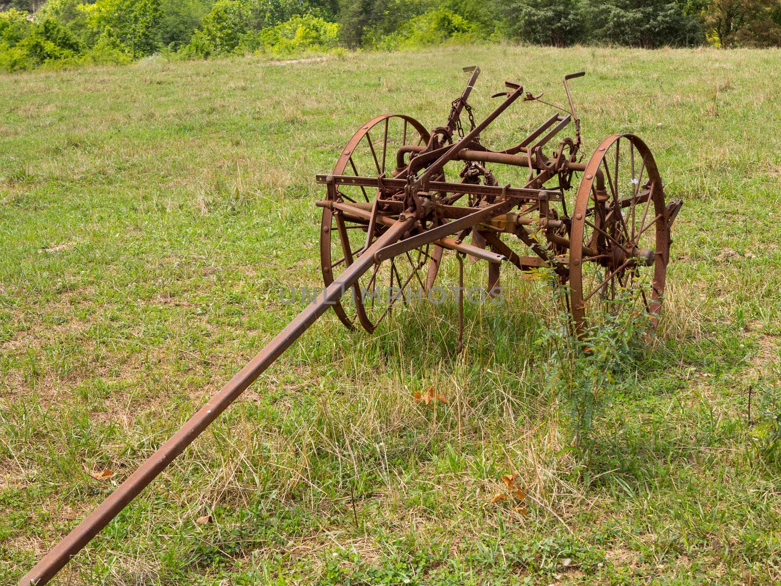 Rusted farm plow or plough pulled by horse in a field on farm