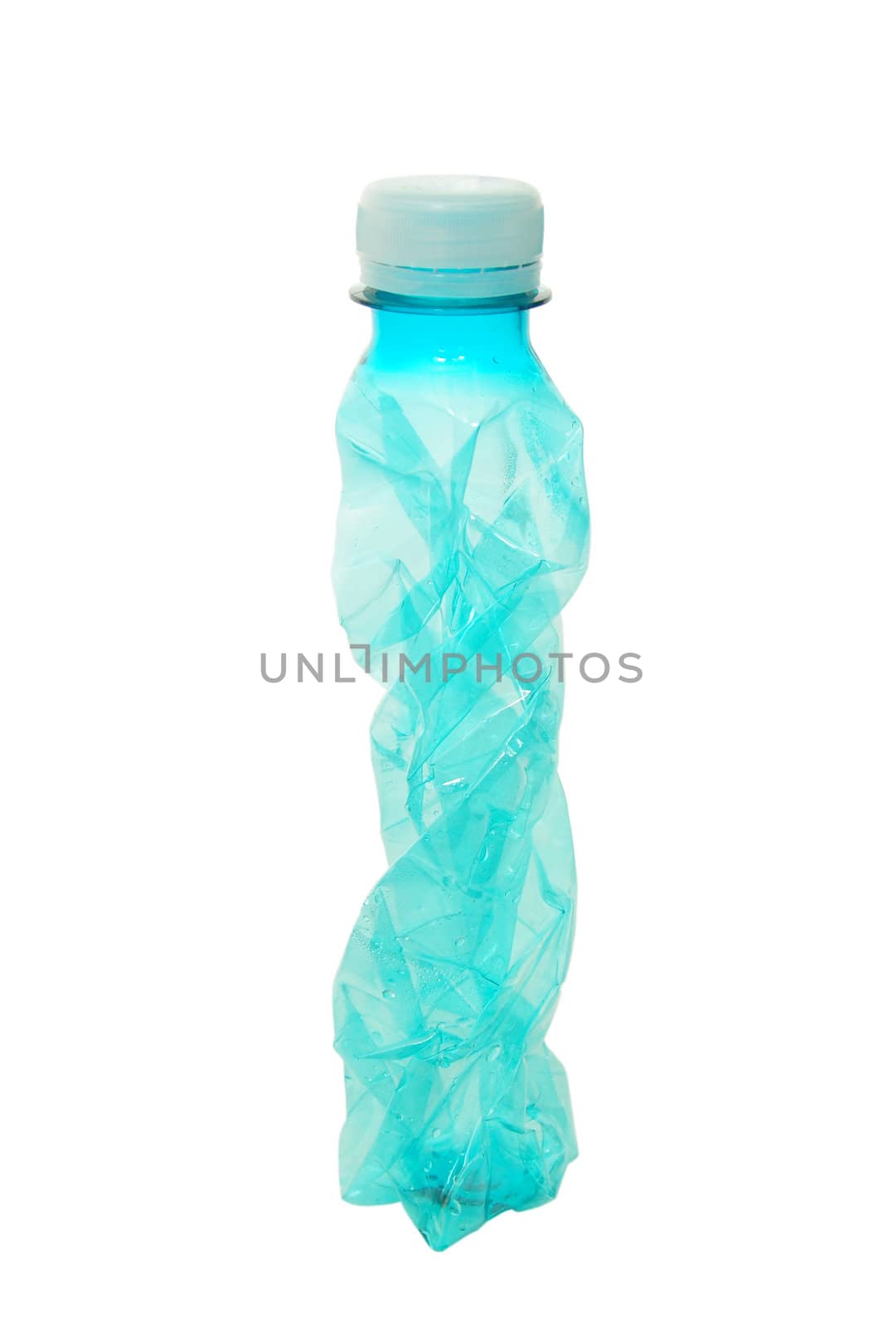 blue PET bottle squeezed for recycle isolated on white background 