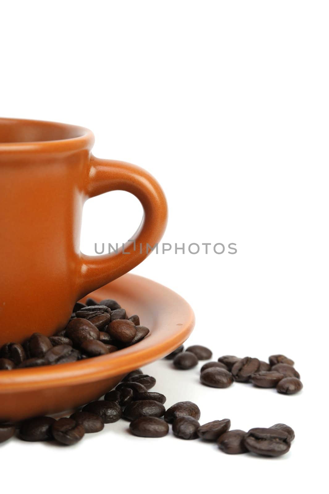 An image of a cup and a saucer with coffee bean