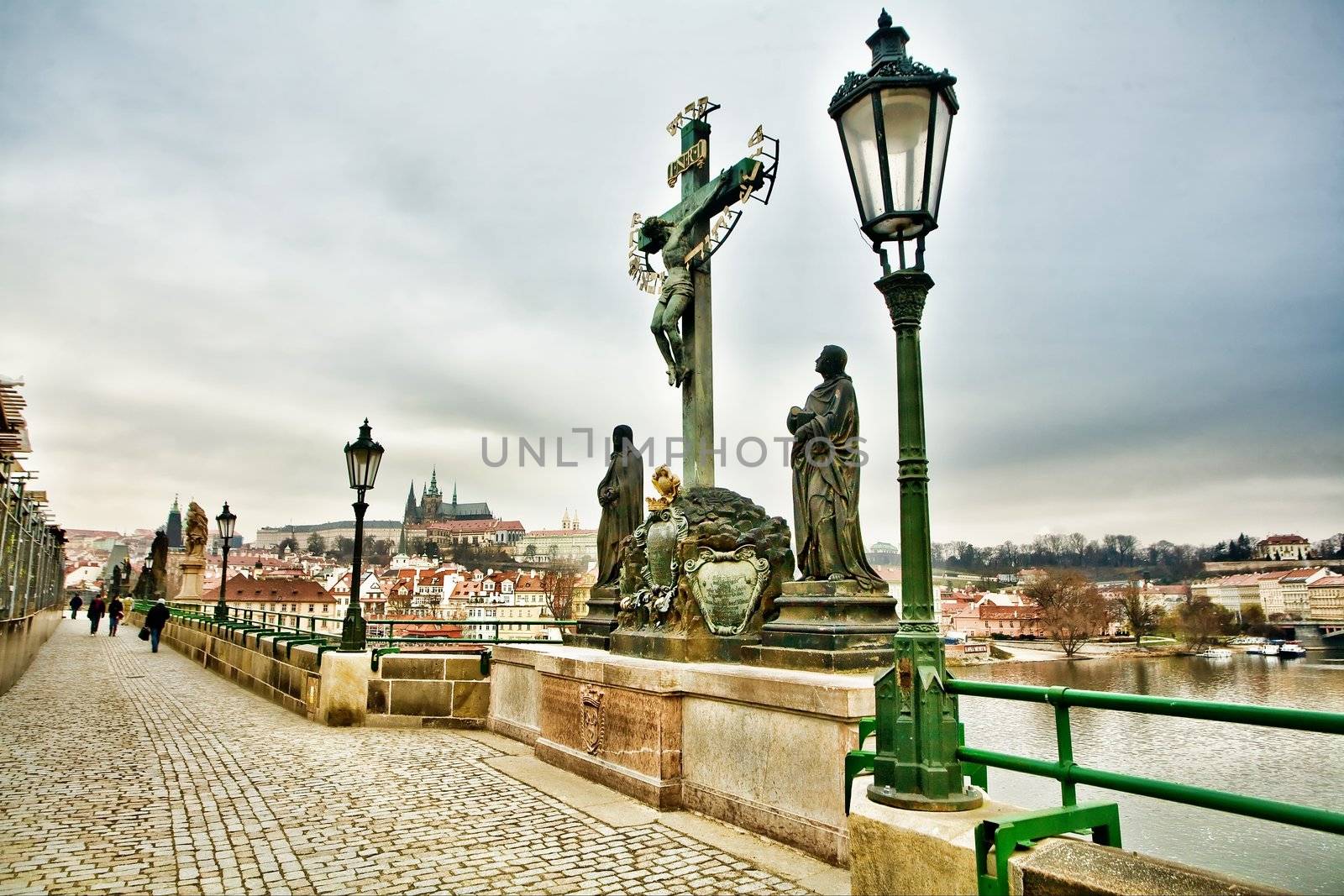 An image of a monument on the bridge in Prague