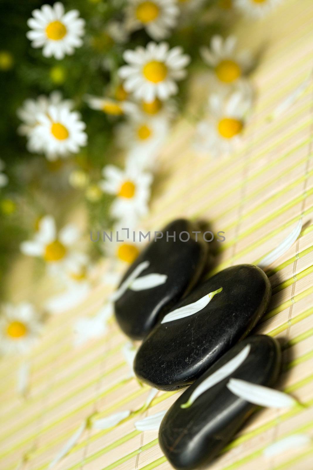 An image of black stones for spa massage and  flowers