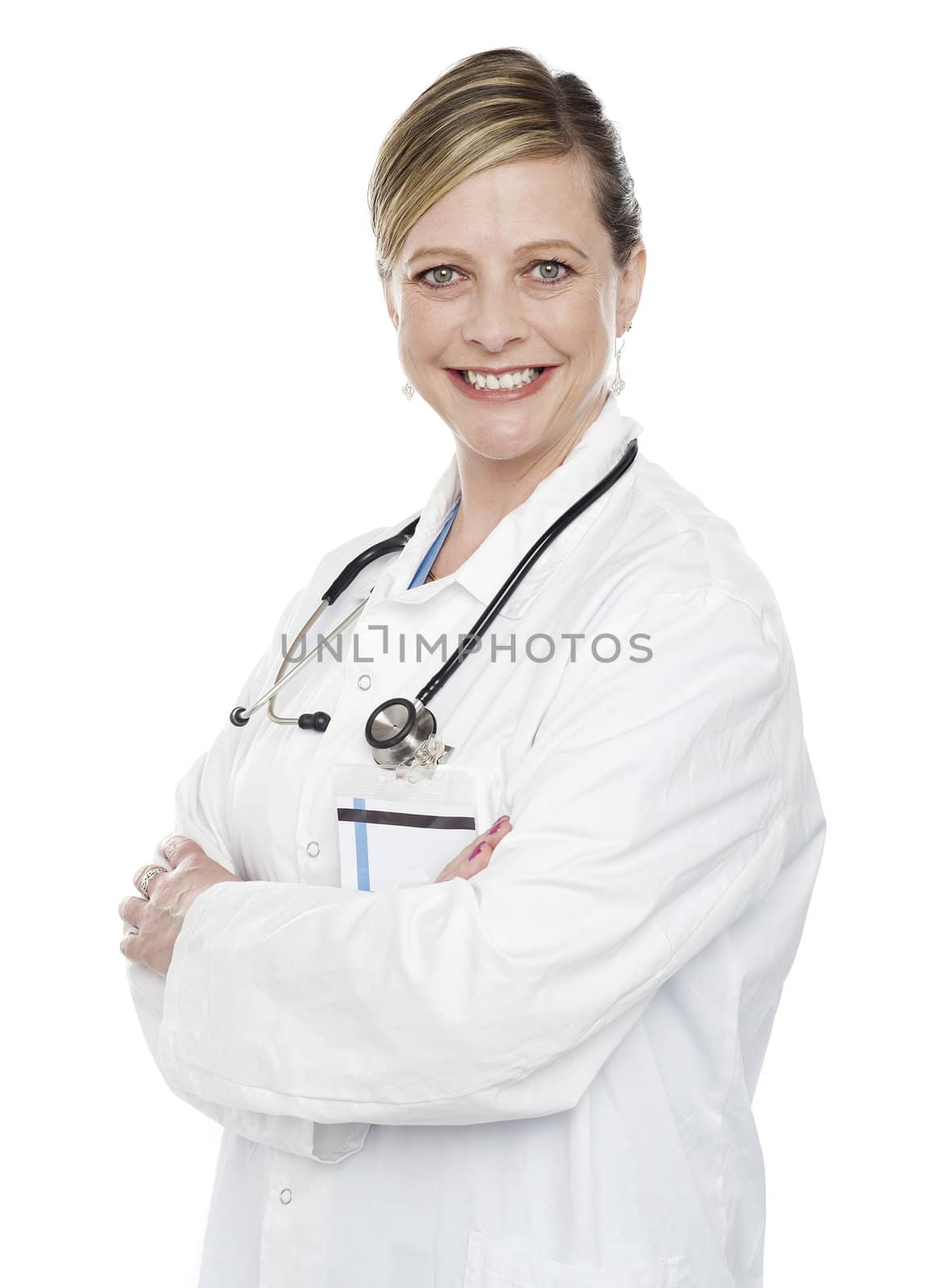 Female medical specialist posing with crossed arms isolated over white background