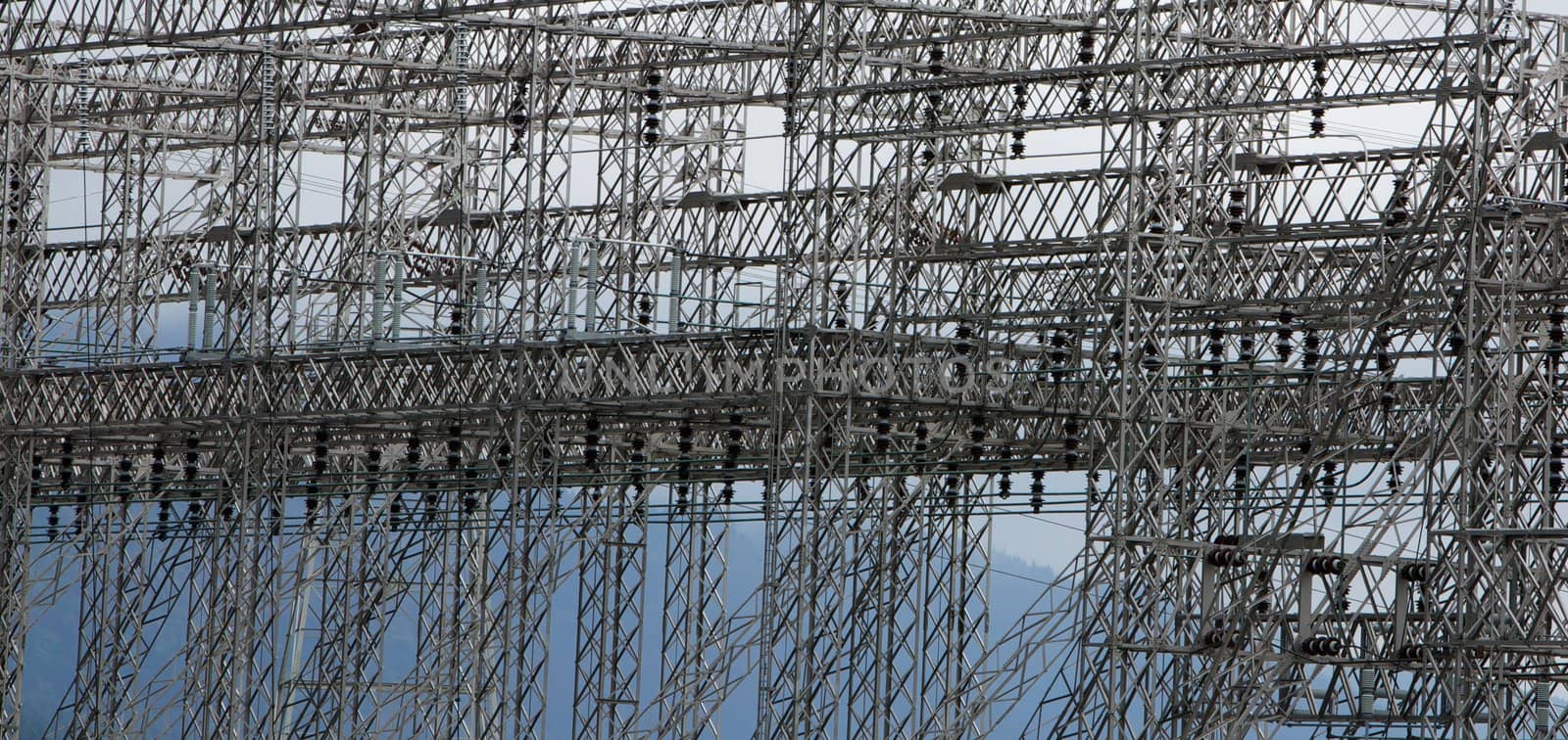 Complex steel structure of electrical power grid that takes up full frame