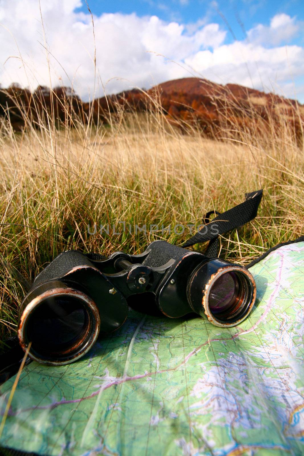An image of binoculars and map on dry grass
