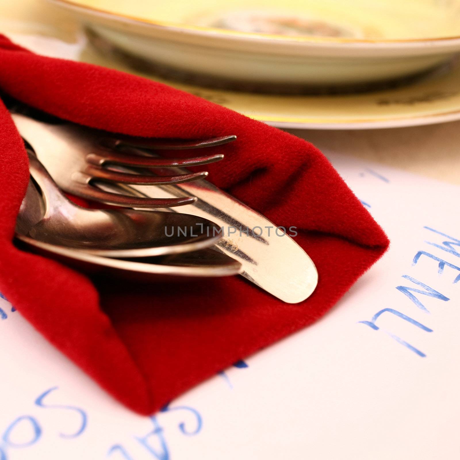 Stock Photo: fork, knife and spoon isolated on menu