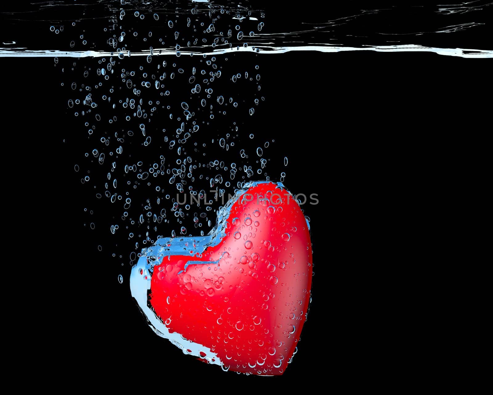heart dropped into water over black background