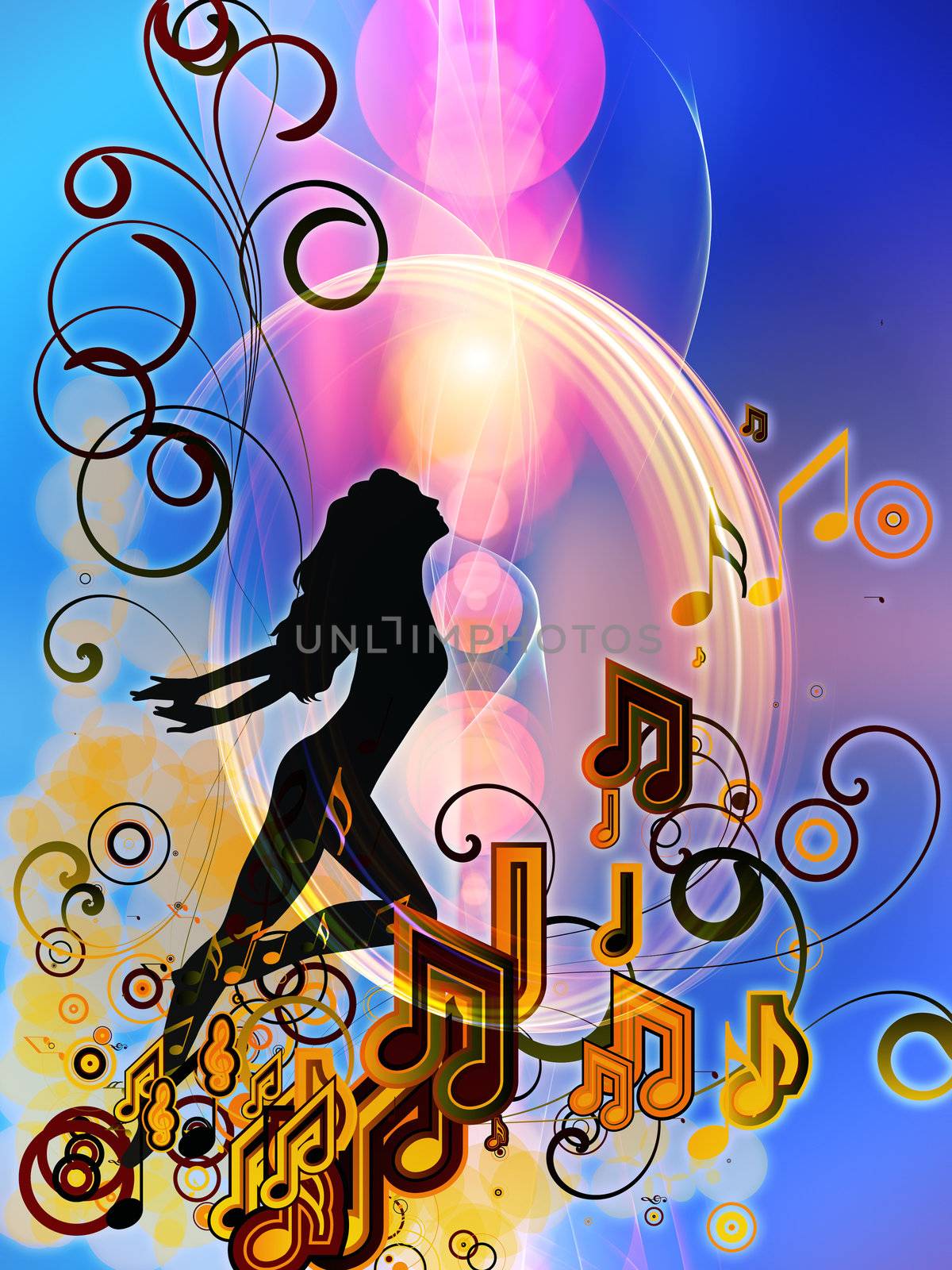 Design composed of girl silhouette, notes, lights and abstract design elements as a metaphor on the subject of music, song, performance and dance