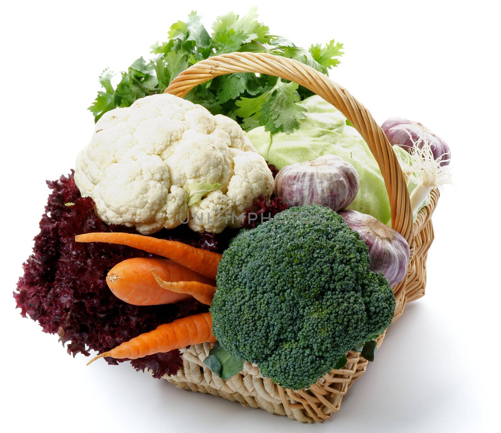 Basket of Cabbage, Broccoli and Cauliflower with Raw Vegetables isolated on white background