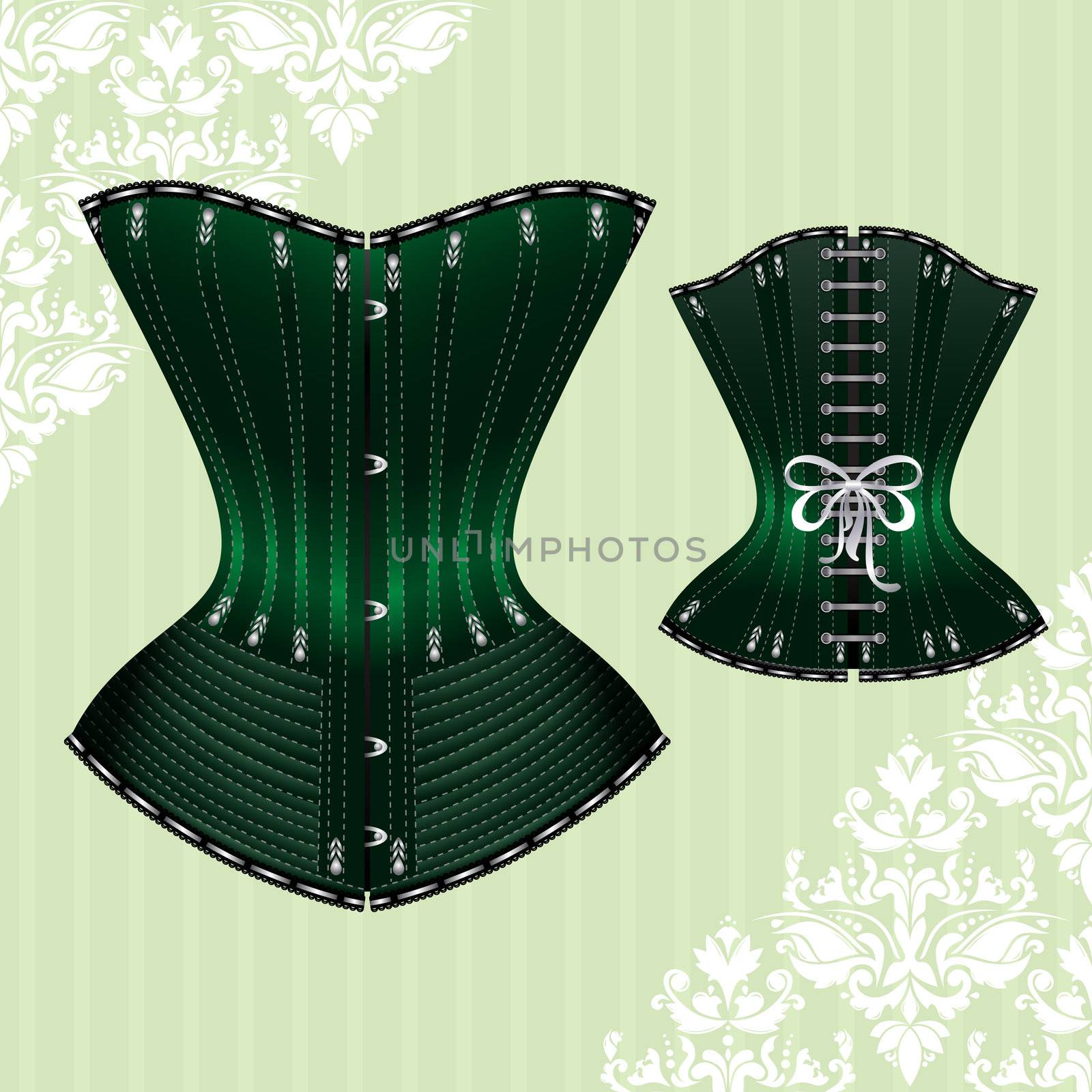 Vector illustration of corset inspired by historic corsets. Front and back view