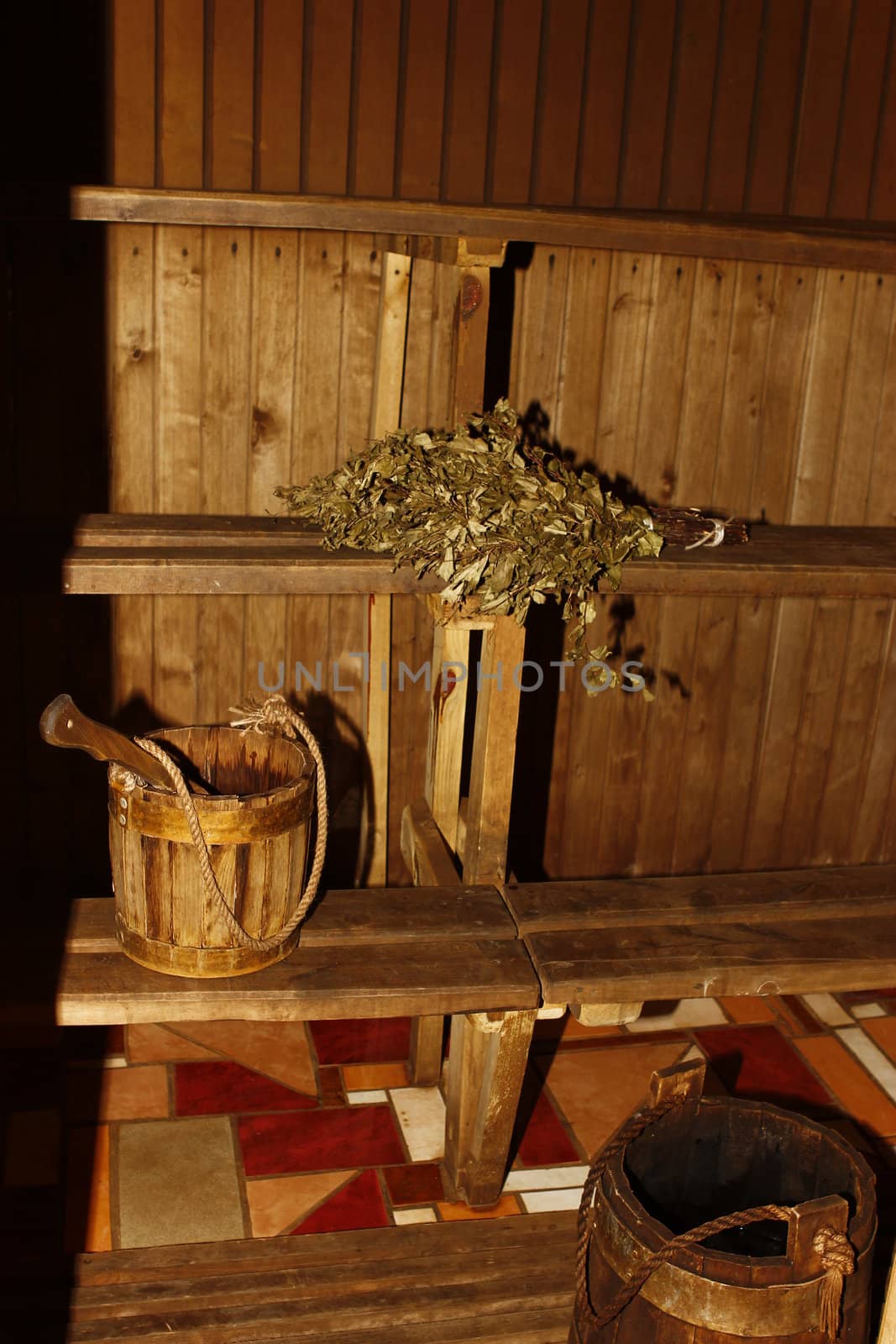 sauna with old wooden buckets