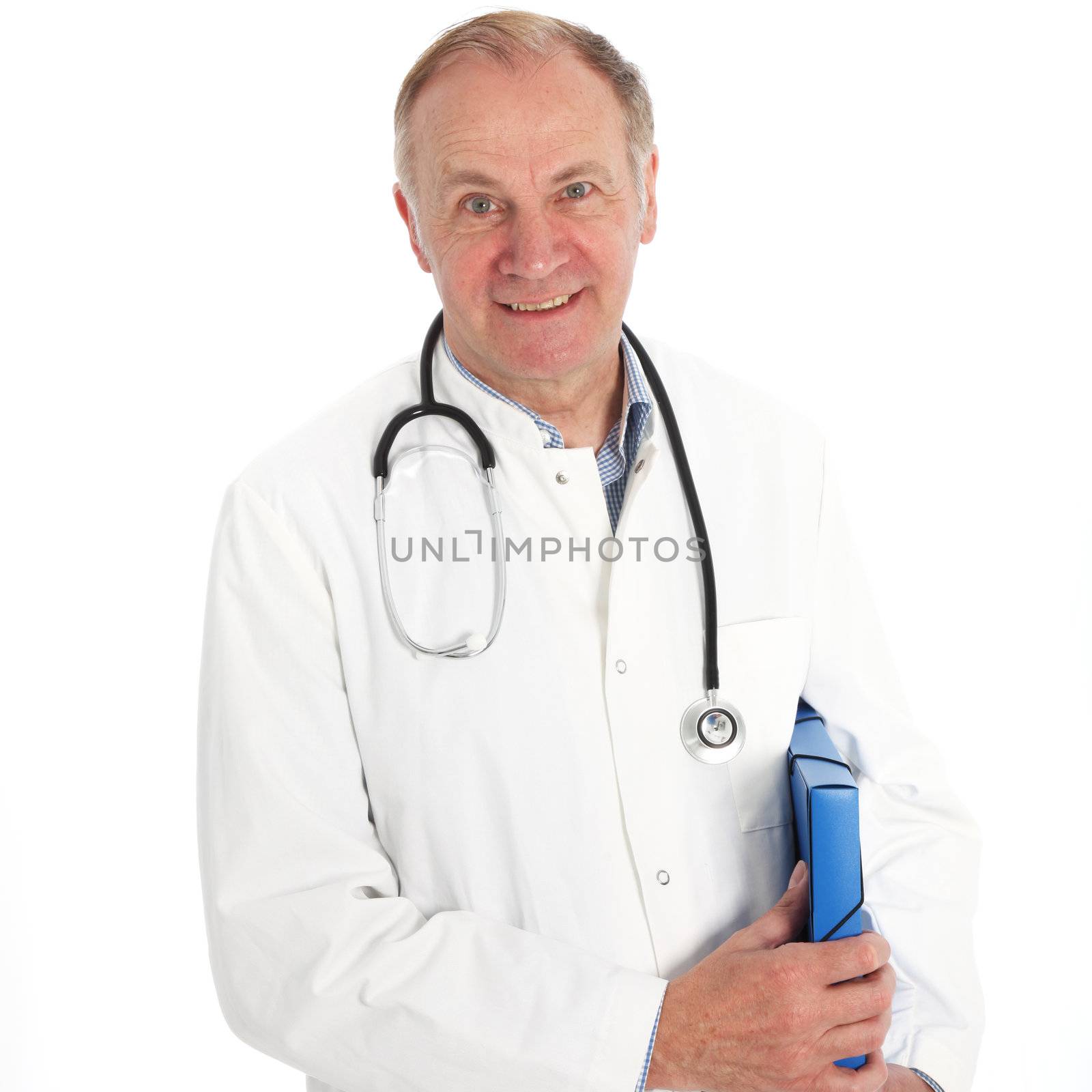 Smiling senior doctor wearing a stethoscope with patient records under his arm isolated on white 