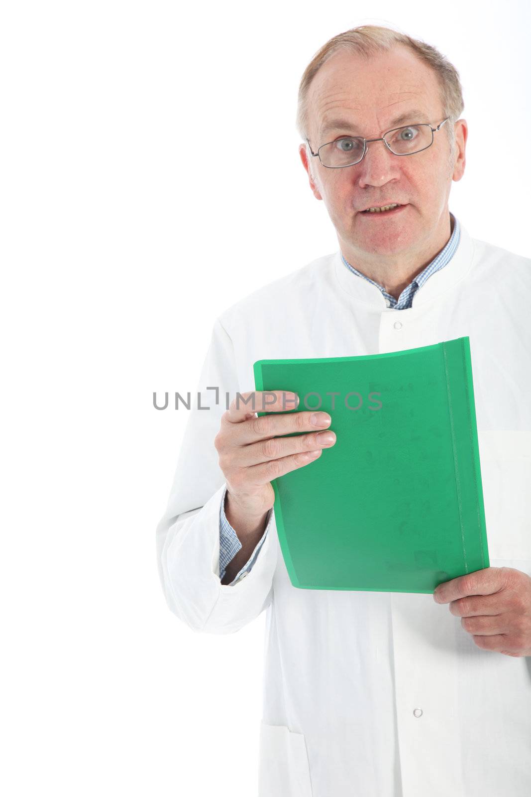 Pathologist in a labcoat with a worried harassed expression holding a green patient folder with urgent results 