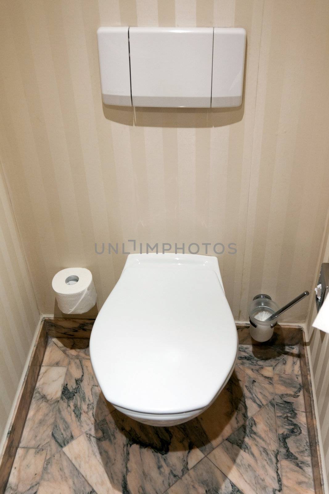 lavatory, toilet brush and a roll of toilet paper