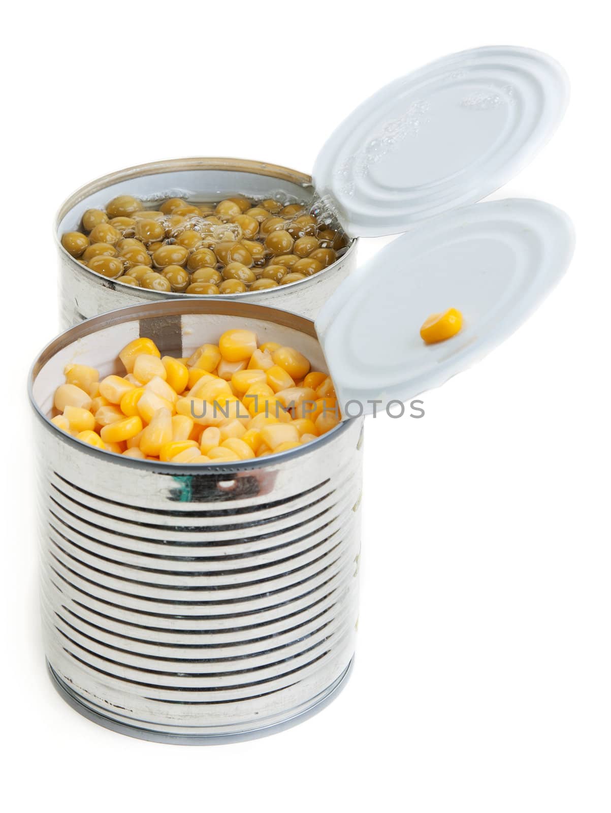 Two open Aluminium cans of corn and green peas