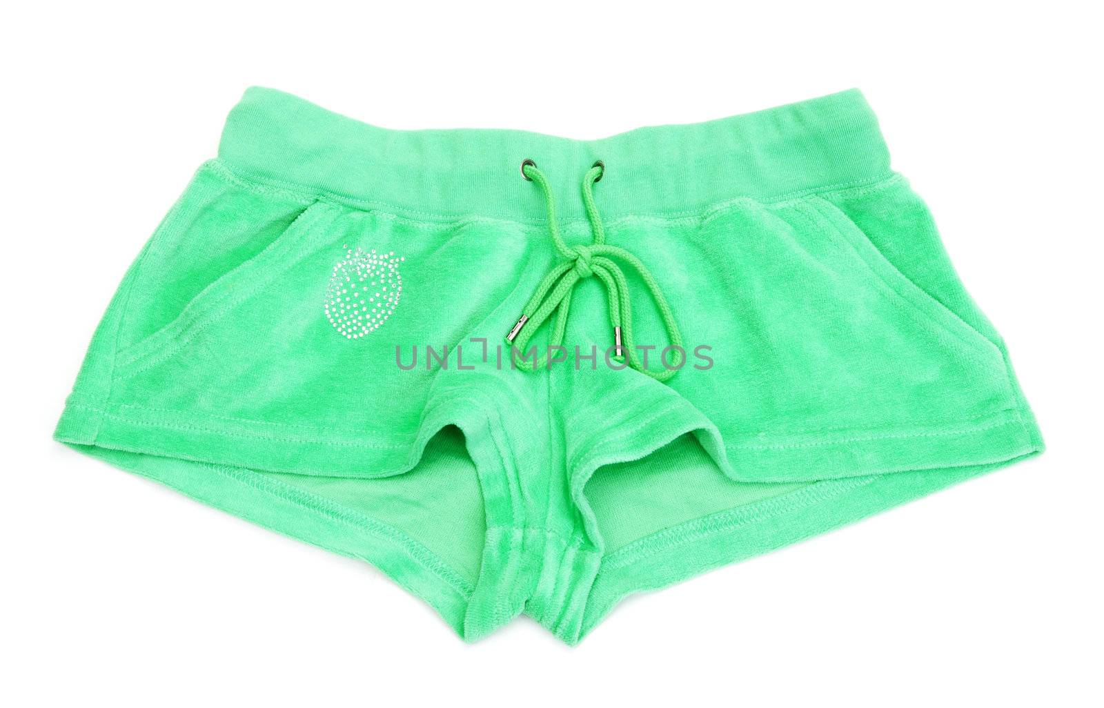 Women's green shorts with a pattern in the form of strawberries on a white background