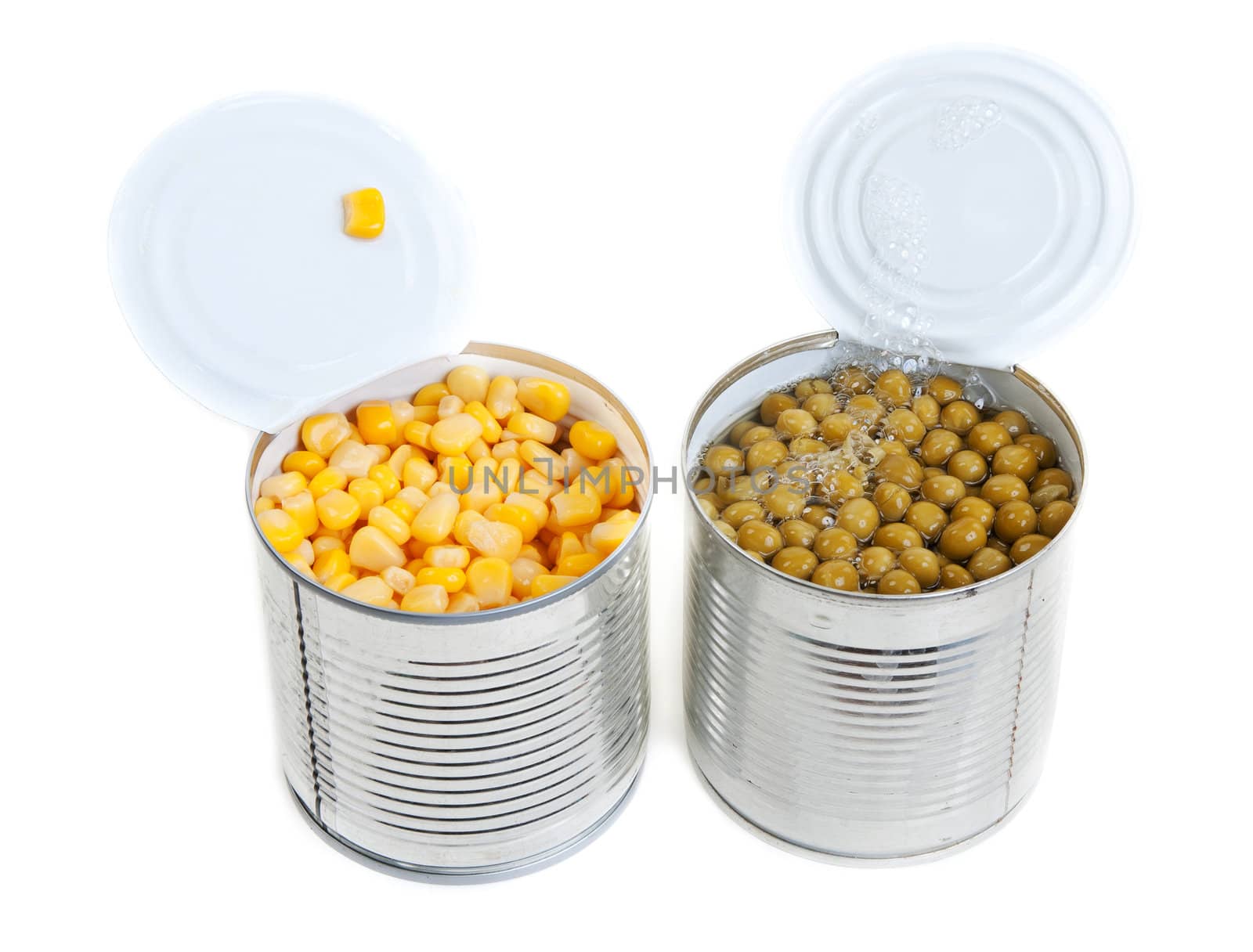 Two open Aluminium cans of corn and green peas
