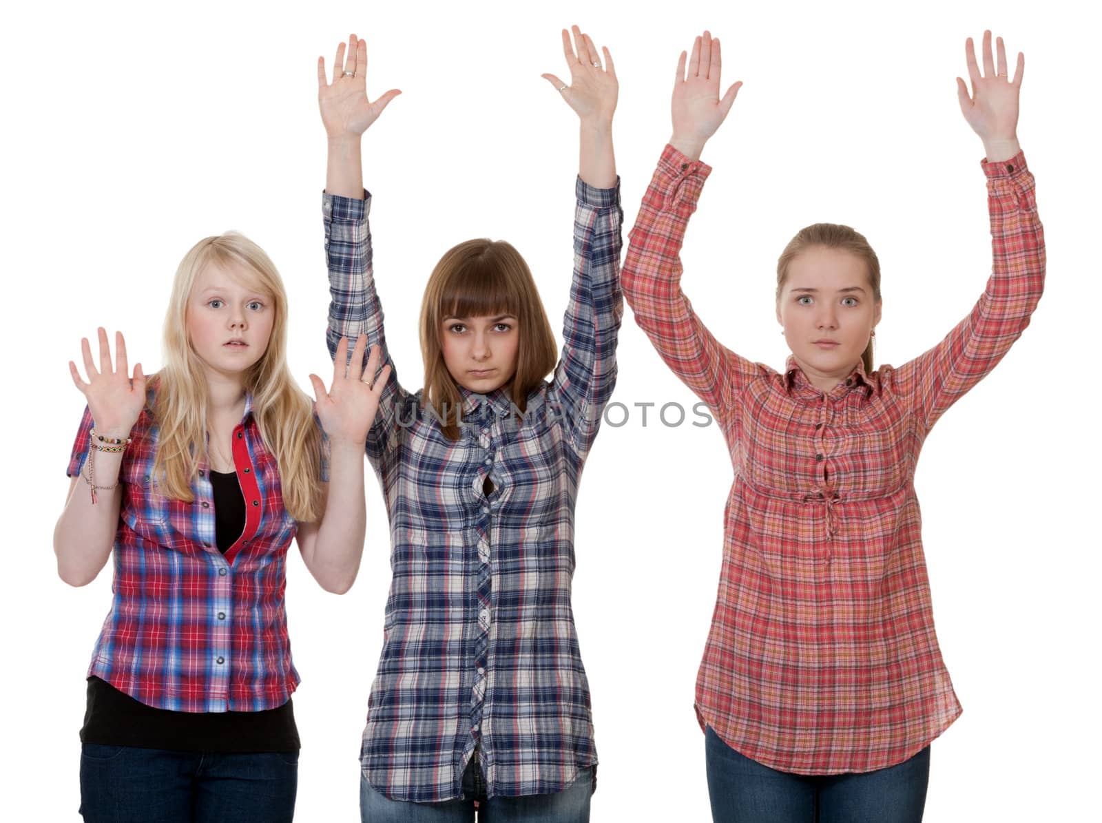 three friends raised their hands up on a white background