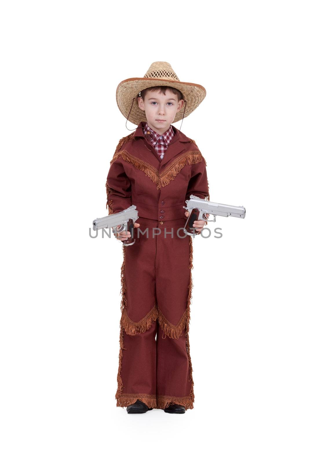 boy dressed as a cowboy with pistols on a white background