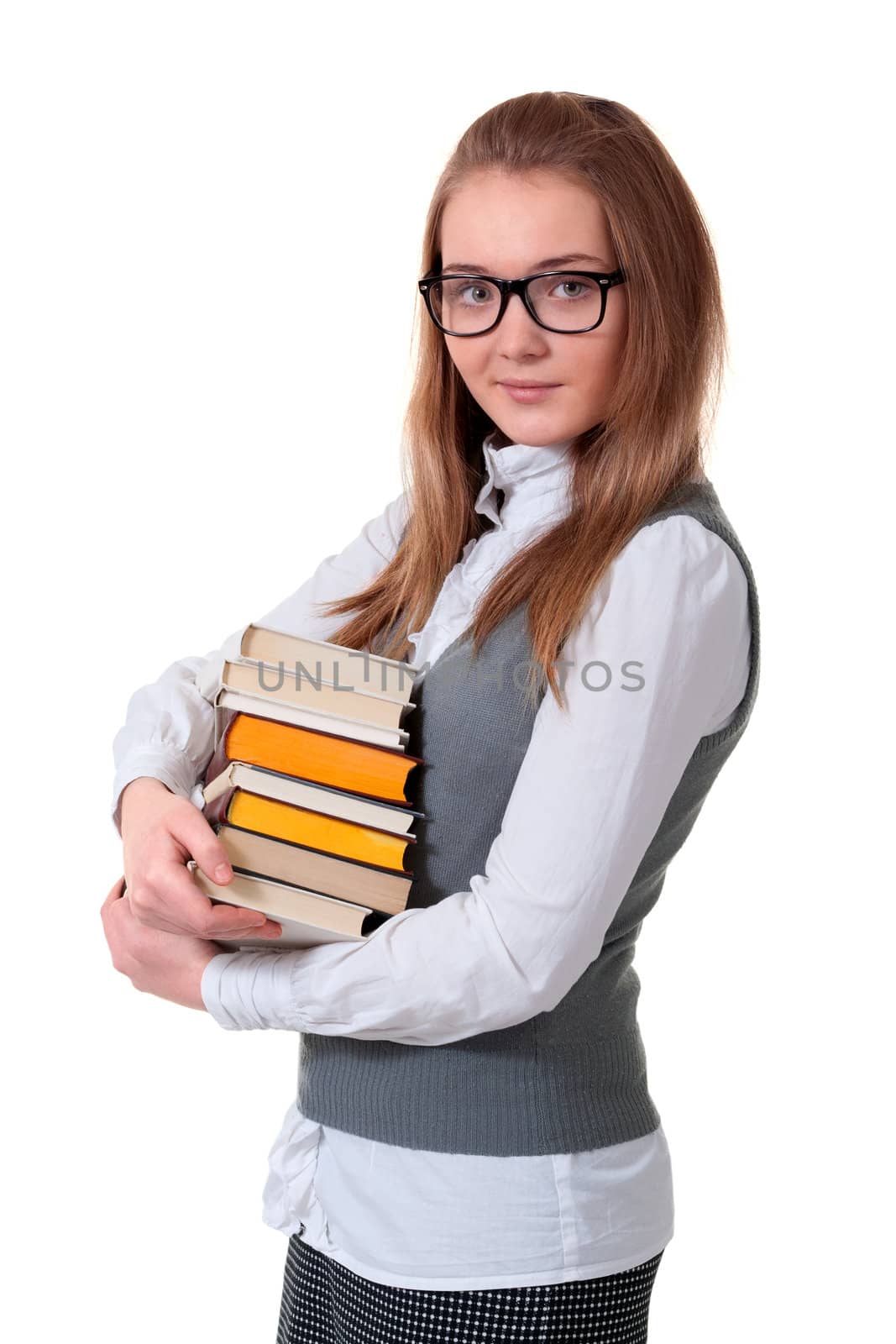Young girl with book on white background bespectacled