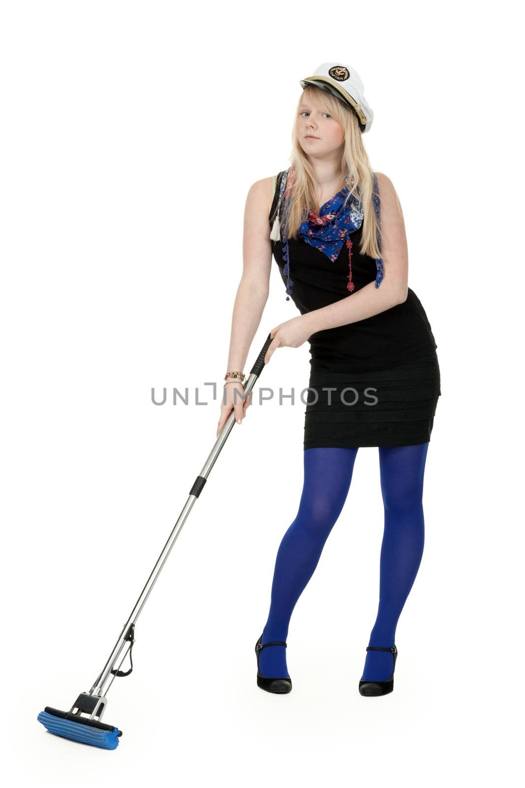girl in blue tights with a mop on a white background