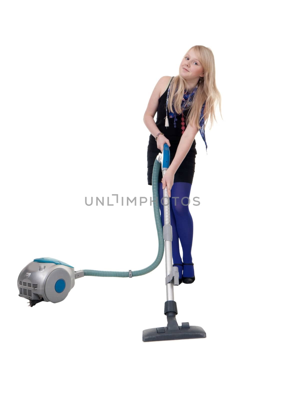 The girl in blue tights with a vacuum cleaner