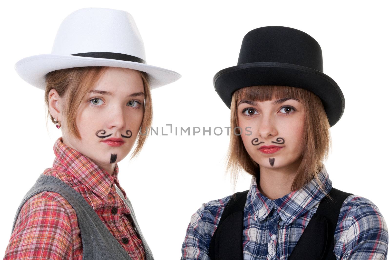 Two girls with painted mustaches and bowler hats on white background