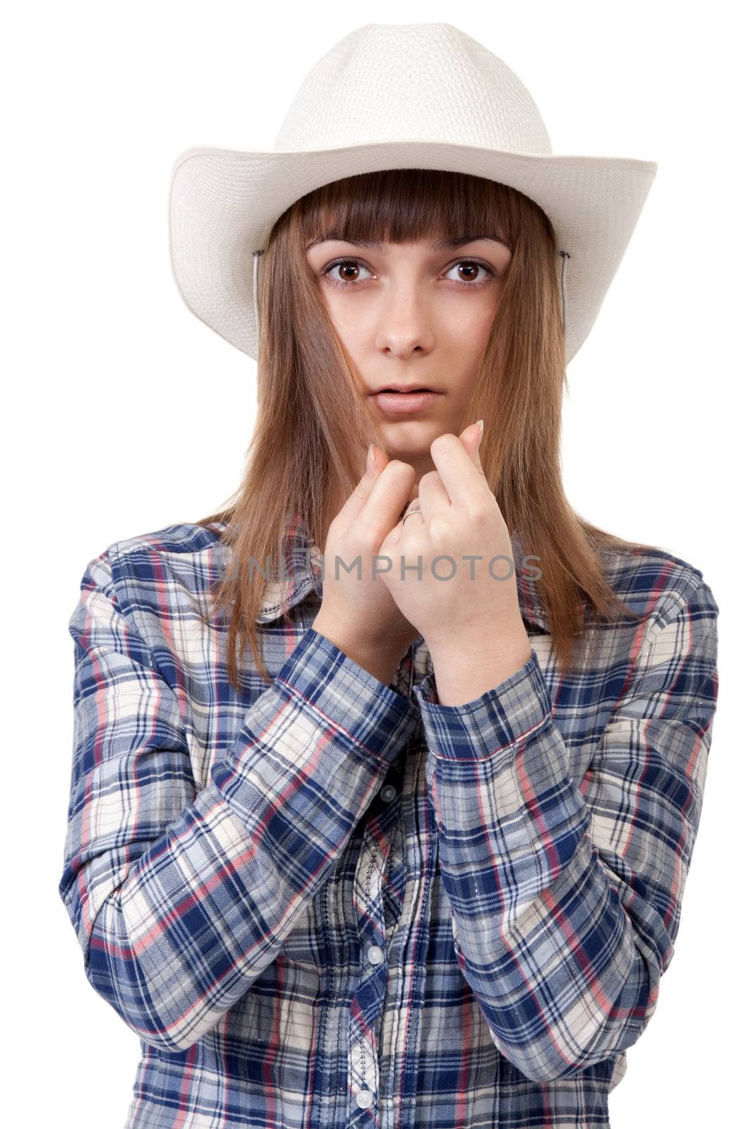 portrait of a girl in a hat covering the face hair