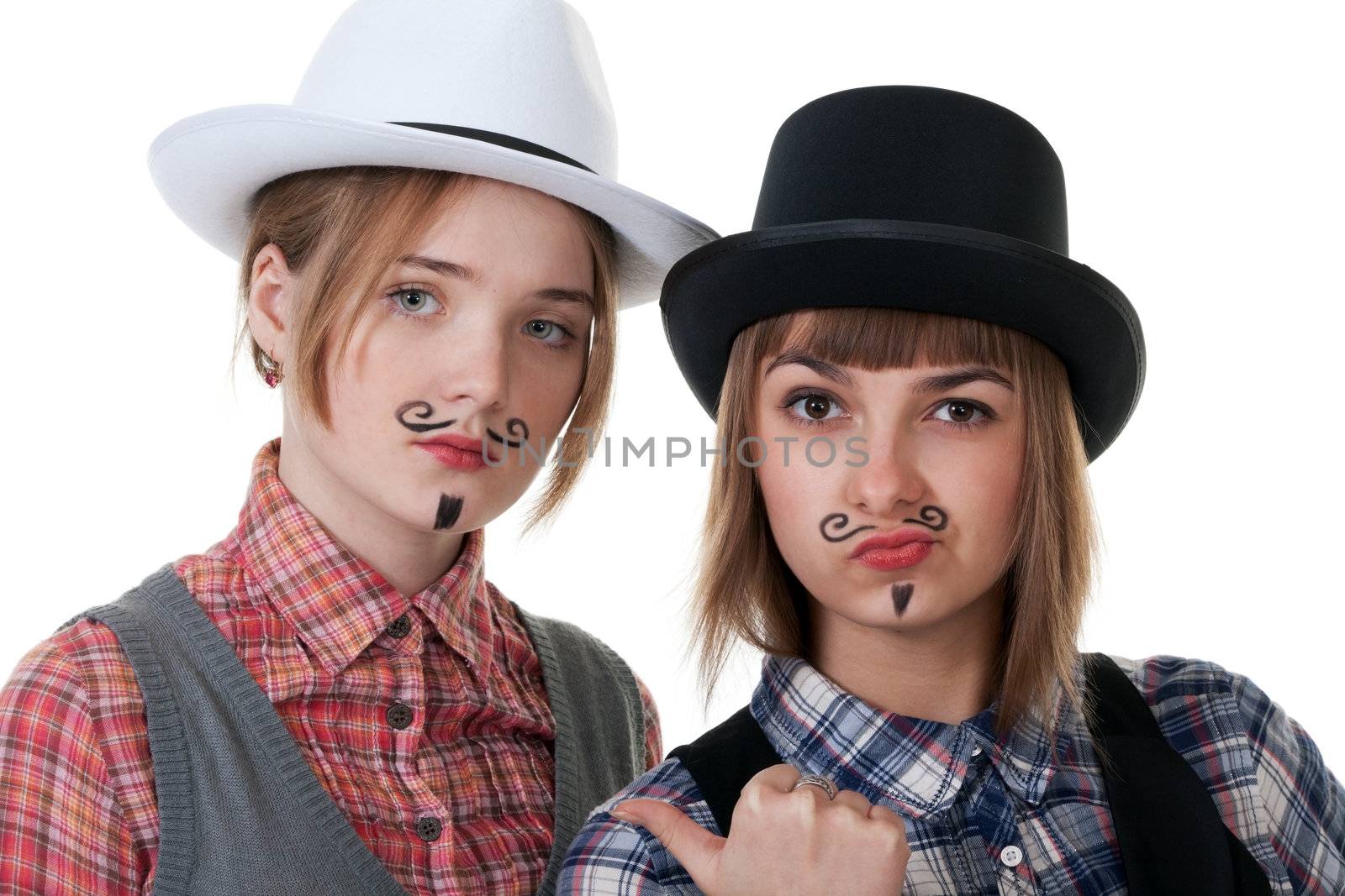 Two girls with painted mustaches and bowler hats on white background