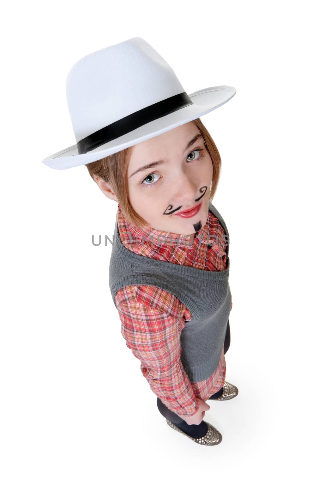 girl with painted mustaches and bowler hats on white background