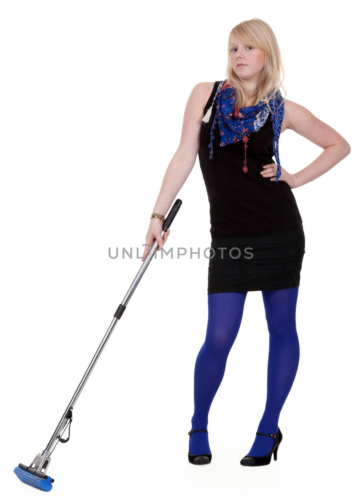 girl in blue tights with a mop on a white background