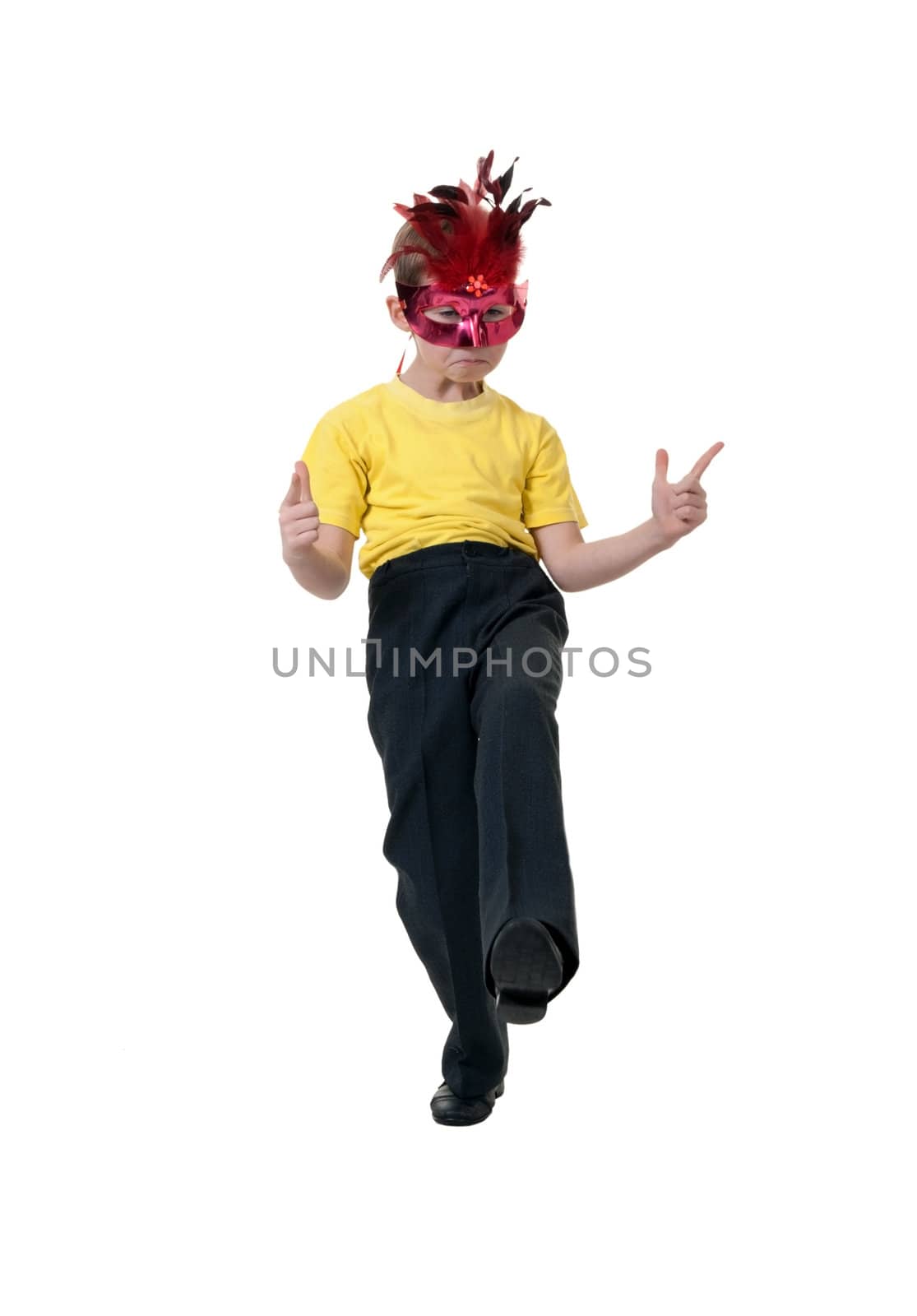boy in a red mask with feathers on a white background