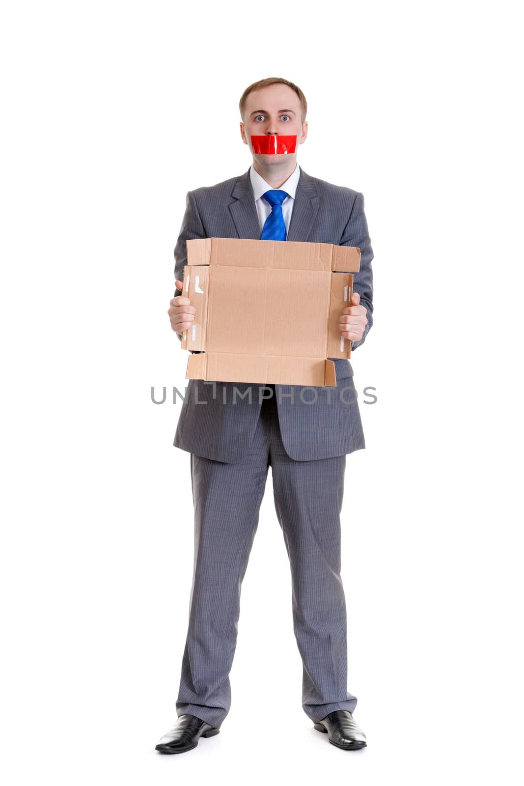 Businessman separates the red tape from his mouth