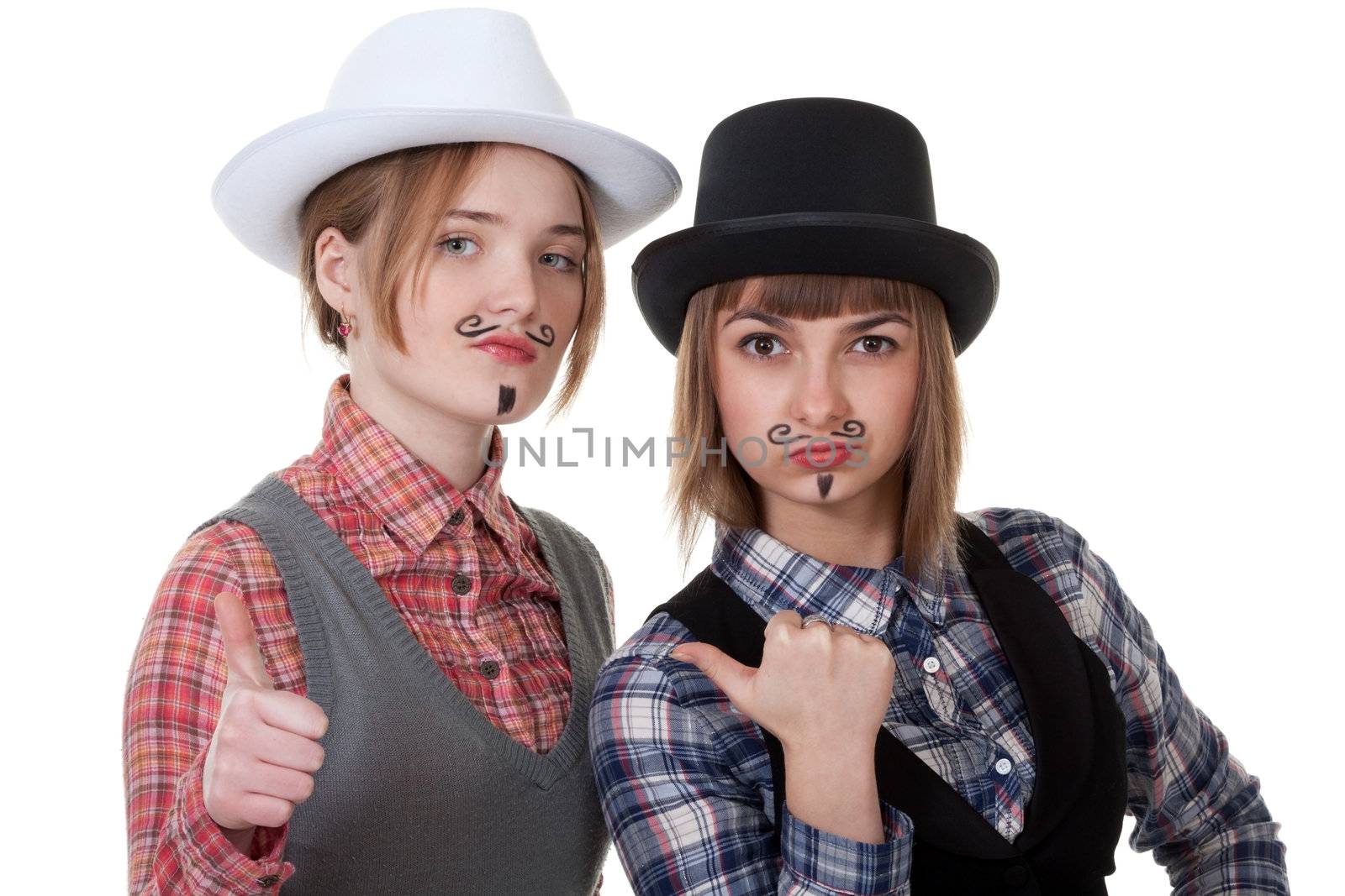 Two girls with painted mustaches and bowler hats on white background