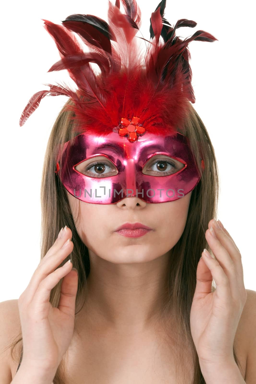 portrait girl in the red masquerade mask on a white background